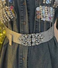 Load image into Gallery viewer, Silver Metallic Stretch Belt with Statement Rhinestone Buckle
