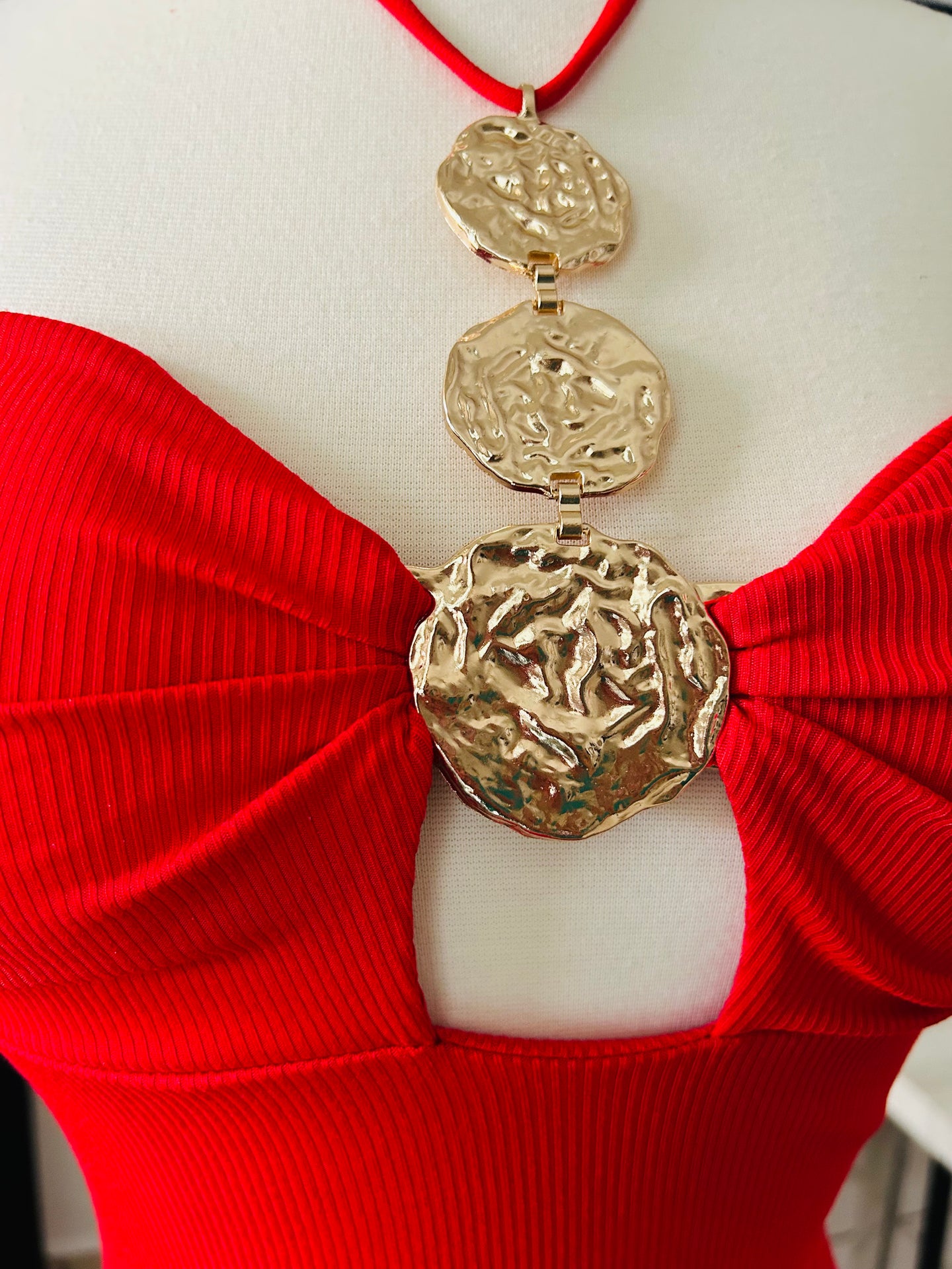 Red Halter Midi Dress with Gold Medallion Detail - Made in Italy