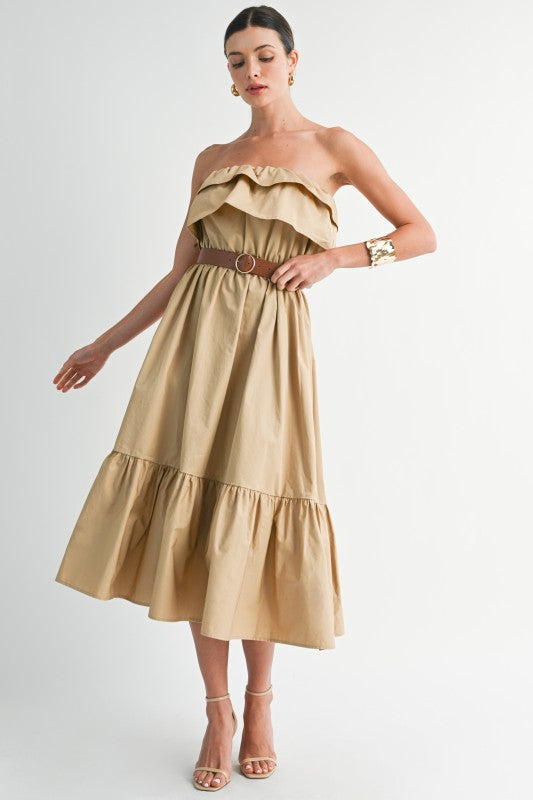 Strapless Ruffle Midi Dress